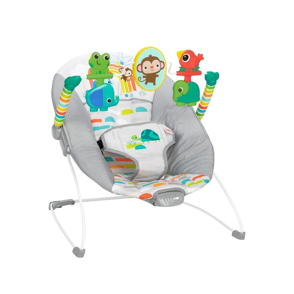 Soothing baby bouncer with overhead toys